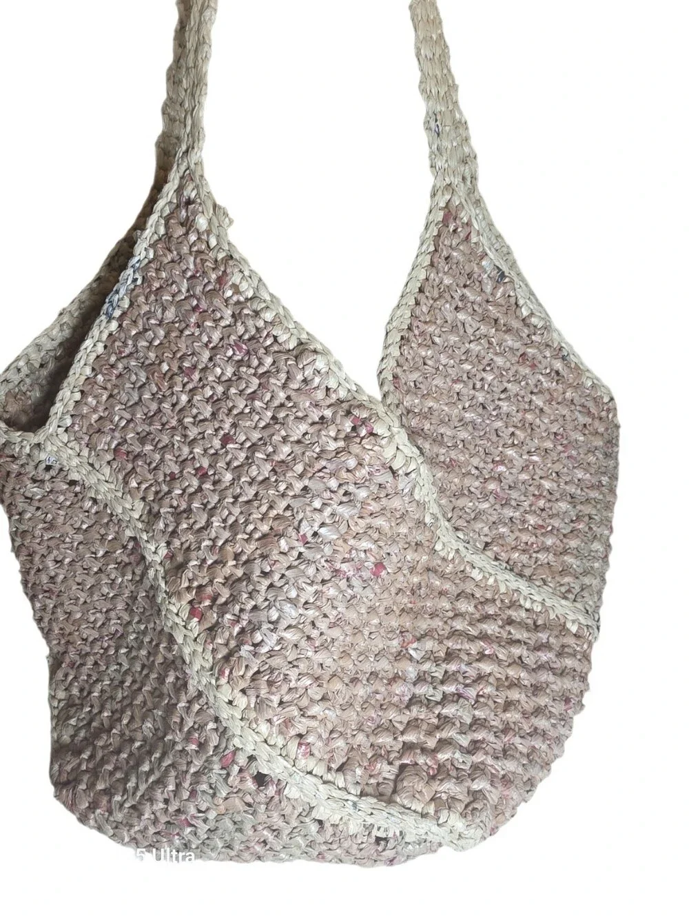 Upcycled Woven Plarn Tote Bag Eco-Friendly Boho Double Strap Shoulder Bag